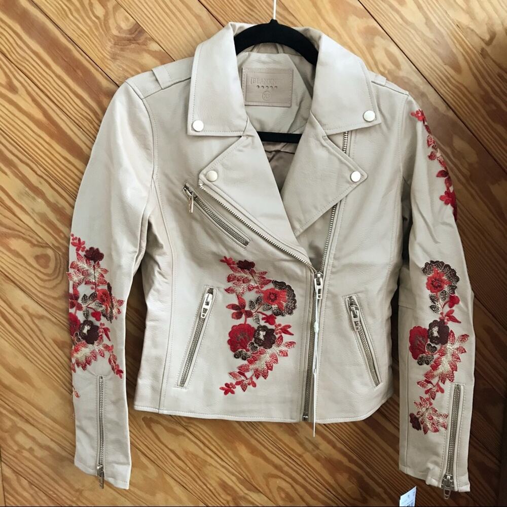Blank NYC Floral Embroidered Moto Jacket Tan Beige Small - Picture 9 of 10